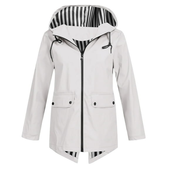 Atogsazn Womens Rain Jacket Casual Zip Up Windbreaker Hooded Raincoat Lighweight Trench Coat with Pocket 02-White M Fashion