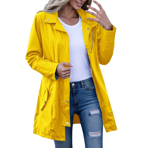 Atogsazn Womens Rain Jacket Casual Zip Up Windbreaker Hooded Raincoat Lighweight Trench Coat with Pocket 03-Yellow L Fashion