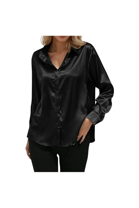 Womens Satin Silk Button Down Shirt Casual V Neck Long Sleeve Top Casual Dressy Blouse Business Work Clothing Black M Fashion
