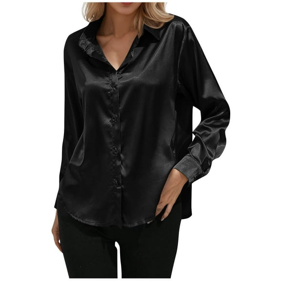 Atogsazn Womens Satin Silk Button Down Shirt Casual V Neck Long Sleeve Top Casual Dressy Blouse Business Work Clothing Black XL Fashion