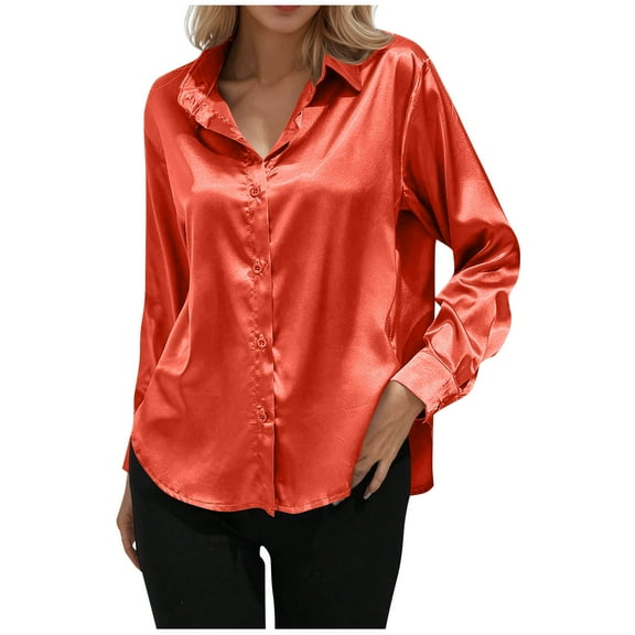 Atogsazn Womens Satin Silk Button Down Shirt Casual V Neck Long Sleeve Top Casual Dressy Blouse Business Work Clothing Orange XL Fashion