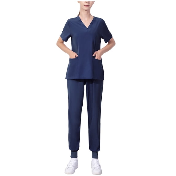 Atogsazn Womens Scrub Sets Summer Outfits V Neck Short Sleeve Nurse Suit Solid Color T Shirt and Straight Leg Pants Set B-Navy M