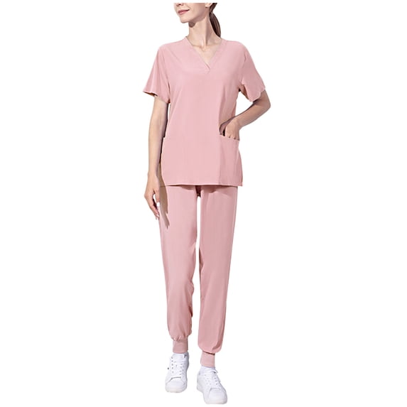 Atogsazn Womens Scrub Sets Summer Outfits V Neck Short Sleeve Nurse Suit Solid Color T Shirt and Straight Leg Pants Set B-Pink M