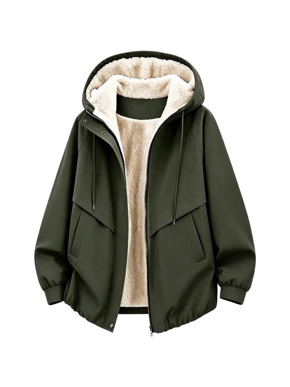 Womens Sherpa Lined Jacket Casual Full Zip Windbleaker Waterproof Long Sleeve Hooded Coat Winter Tops Army Green S Fashion