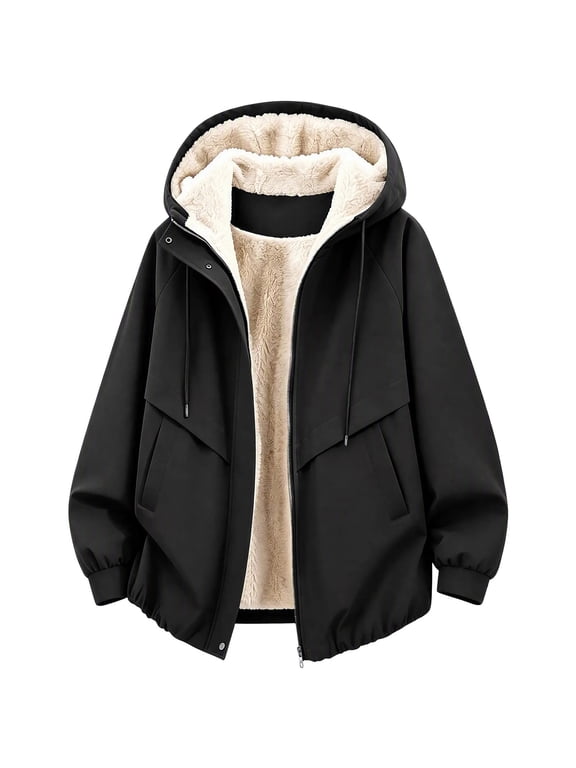 Womens Sherpa Lined Jacket Casual Full Zip Windbleaker Waterproof Long Sleeve Hooded Coat Winter Tops Black S Fashion