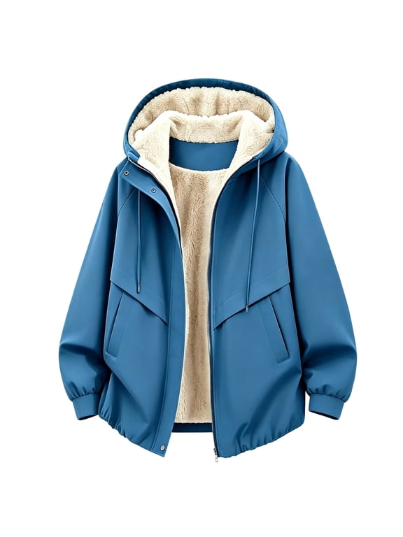Womens Sherpa Lined Jacket Casual Full Zip Windbleaker Waterproof Long Sleeve Hooded Coat Winter Tops Blue S Fashion