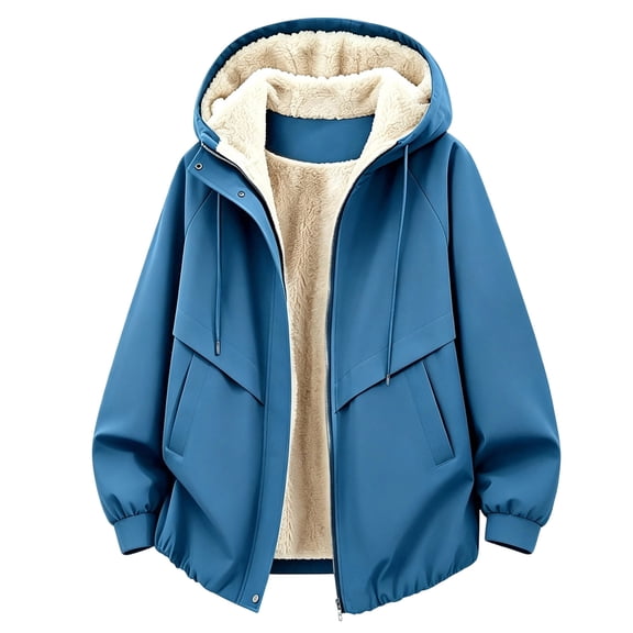 Atogsazn Womens Sherpa Lined Jacket Casual Full Zip Windbleaker Waterproof Long Sleeve Hooded Coat Winter Tops Blue XXXL Fashion
