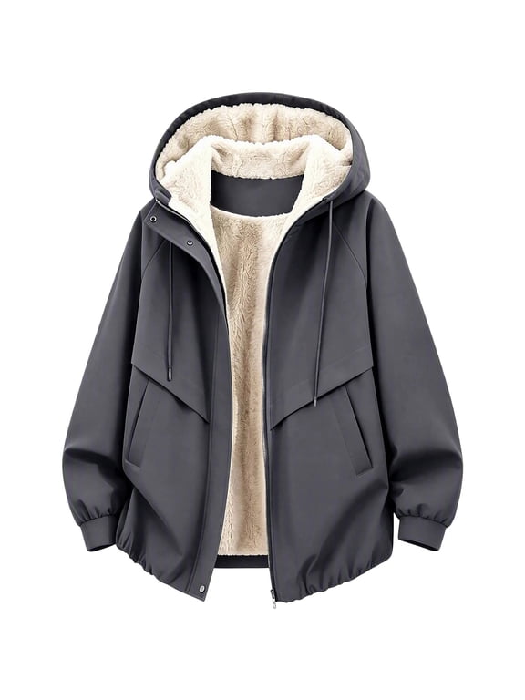 Womens Sherpa Lined Jacket Casual Full Zip Windbleaker Waterproof Long Sleeve Hooded Coat Winter Tops Dark Gray S Fashion