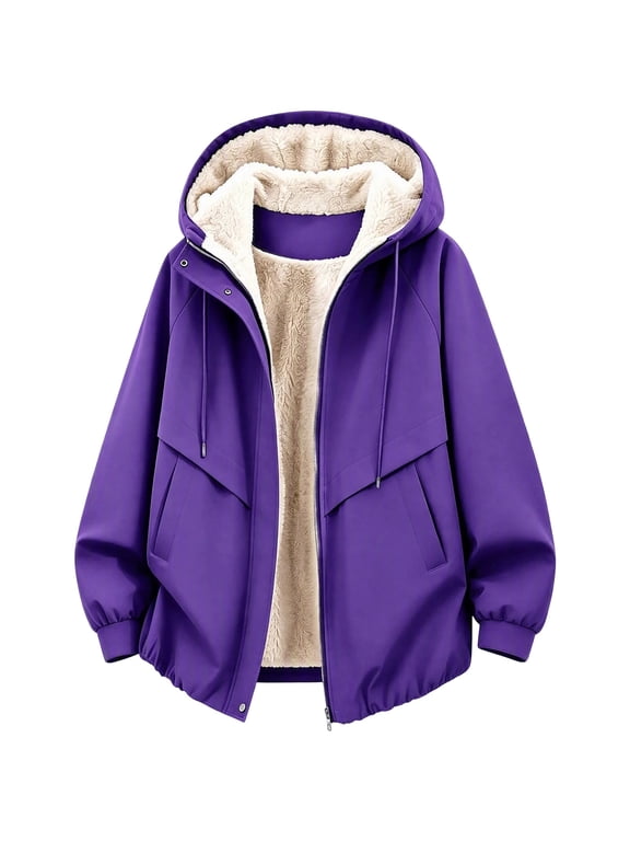Womens Sherpa Lined Jacket Casual Full Zip Windbleaker Waterproof Long Sleeve Hooded Coat Winter Tops Purple XXL Fashion