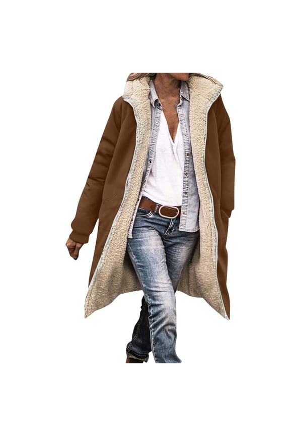 Womens Sherpa Lined Jacket Fleece Zip Up Long Sleeve Hooded Coat Winter Thick Winter Tops Clothes 03-Coffee L Fashion