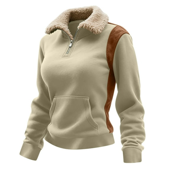 Atogsazn Womens Sherpa Lined Sweatshirt Fleece 1/4 Zip Long Sleeve Athletic Blouse Fall Winter Tops Clothing Outfit 01-Khaki L Fashion