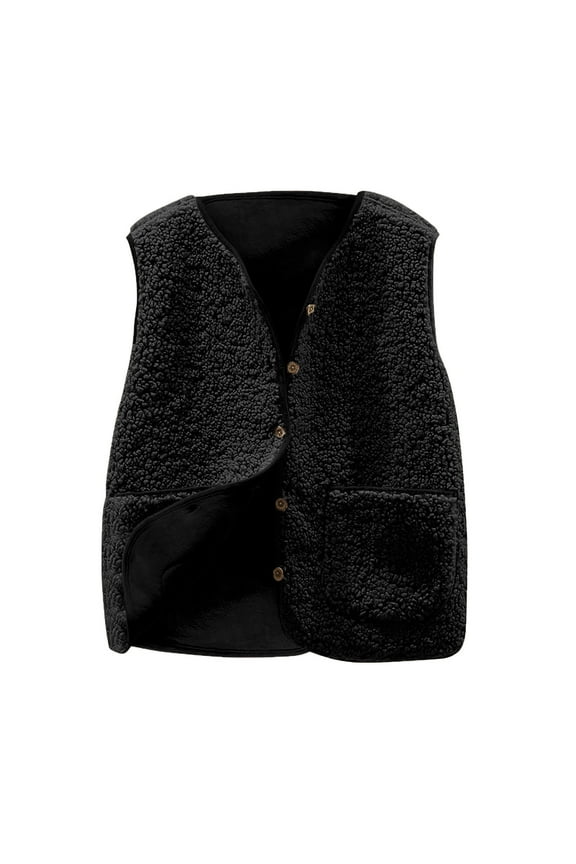 Womens Sherpa Tank Tops Casual Warm Fuzzy Faux Sleeveless Coat Fleece Jacket Fashion Outerwear Black S