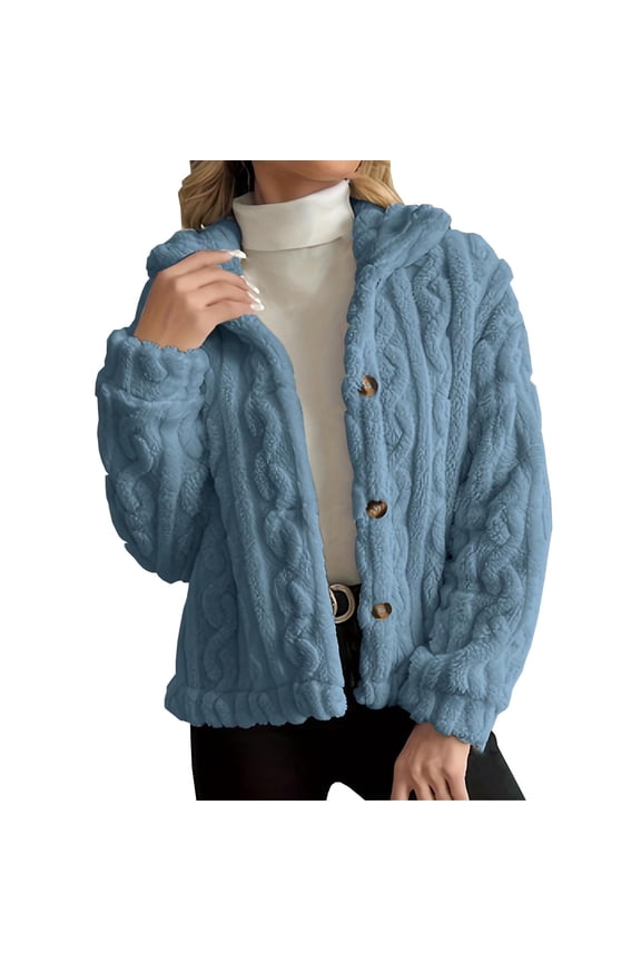 Womens Sherpa Winter Jacket Button Up Long Sleeve Fleece Thick Warm Coat Fuzzy Clothes Sweater Blue XS Fashion