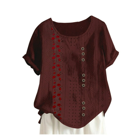 Atogsazn Womens Short Sleeve Tops Printed Comfortable Loose Blouse Button Round-Neck Casual Tops Oversized Tshirts for Women Wine S on Clearance