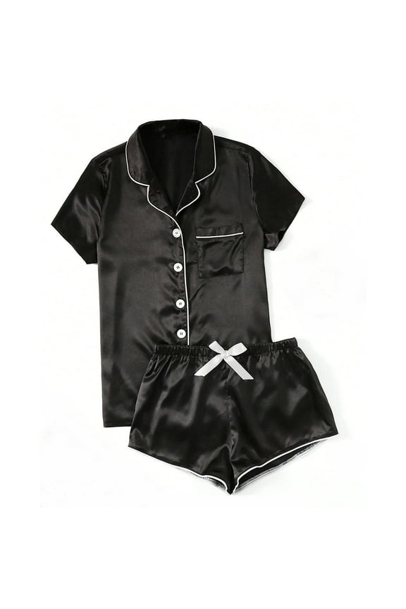 Womens Silk Satin Pajamas Set Two-Piece Sleepwear Loungewear Button-Down Pjs Sets Soft Short Sleeve Nightwear Black M