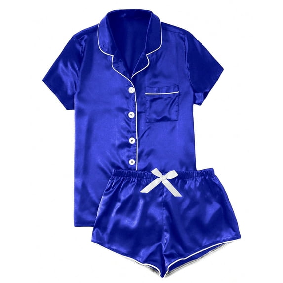Atogsazn Womens Silk Satin Pajamas Set Two-Piece Sleepwear Loungewear Button-Down Pjs Sets Soft Short Sleeve Nightwear Blue M Fashion