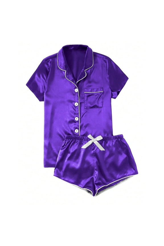 Womens Silk Satin Pajamas Set Two-Piece Sleepwear Loungewear Button-Down Pjs Sets Soft Short Sleeve Nightwear Purple B XL