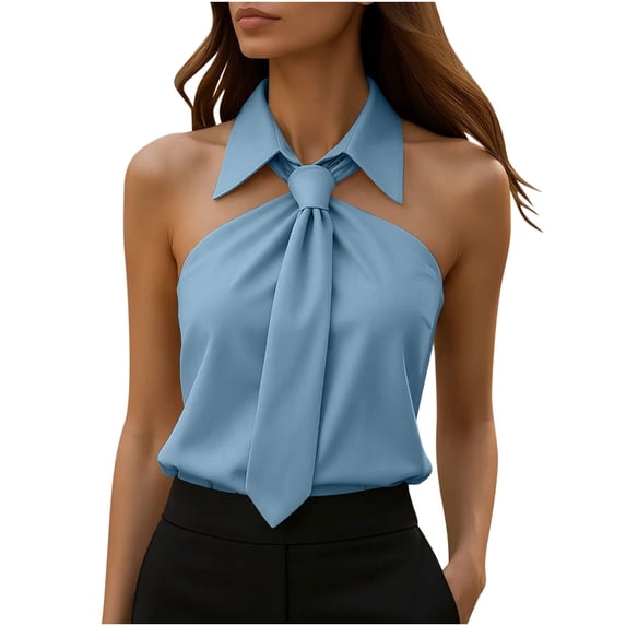 Atogsazn Womens Sleeveless Blouse Tie-Neck Halter Shirt Summer Slim Fit Tops Bussiness Dressy Casual Outfit 01-Blue XXL Fashion