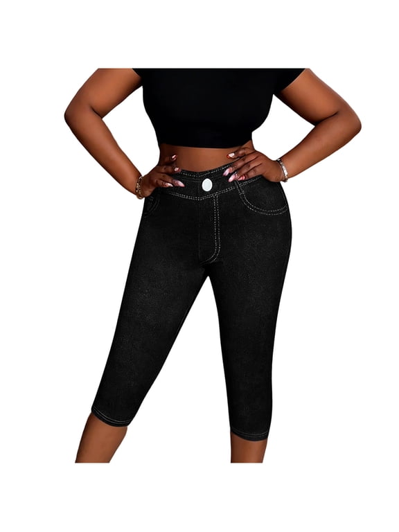 Womens Slim Leg Jeans Capris Lightweight Knee Length Stretchy Denim Shorts Summer Casual Pants 02-Black L Fashion