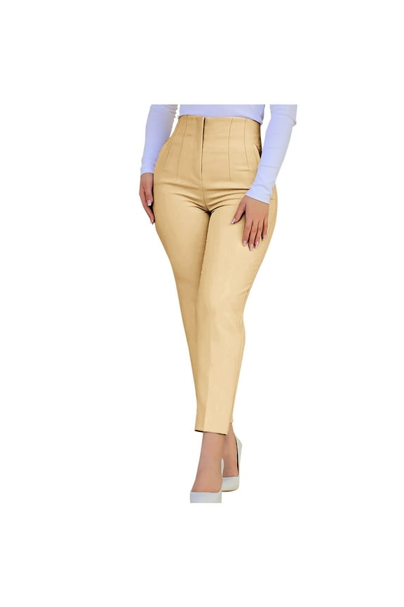 Womens Stretchy High Waisted Pants Trendy Pleated Business Work Trousers Straight Leg Fashion Pant Beige XL