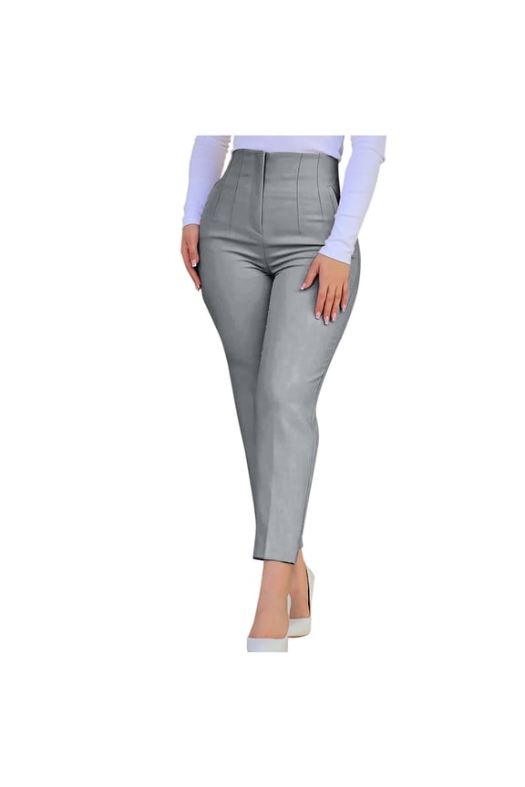 Womens Stretchy High Waisted Pants Trendy Pleated Business Work Trousers Straight Leg Fashion Pant Gray XXL