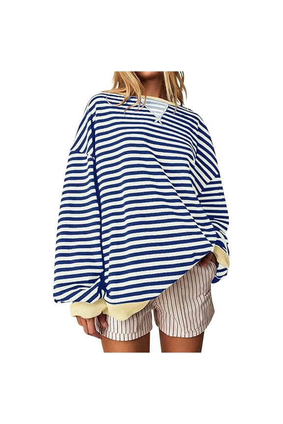 Womens Striped Oversized Sweatshirt Color Block Crew Neck Long Sleeve Shirt Casual Loose Pullover Top Fall Clothes Blue XL