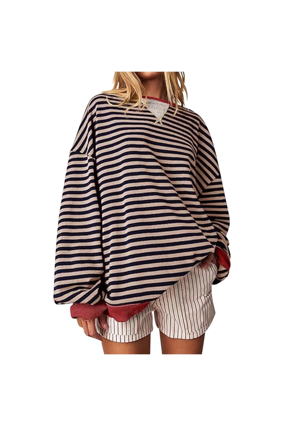 Womens Striped Oversized Sweatshirt Color Block Crew Neck Long Sleeve Shirt Casual Loose Pullover Top Fall Clothes Wine XXXXXL