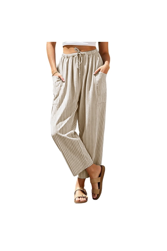 Womens Striped Wide Leg Pants Baggy Loose Fit Lightweight Pants Beach Summer Trouser with Pocket Coffee S Fashion