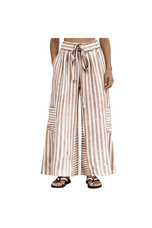 Womens Striped Wide Leg Pants Dessy Casual Baggy Loose Fit Pant with Drawstring Trouser Summer Brown S Fashion