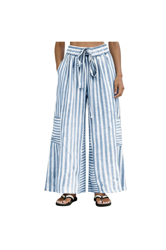 Womens Striped Wide Leg Pants Dessy Casual Baggy Loose Fit Pant with Drawstring Trouser Summer Light Blue XXXL Fashion