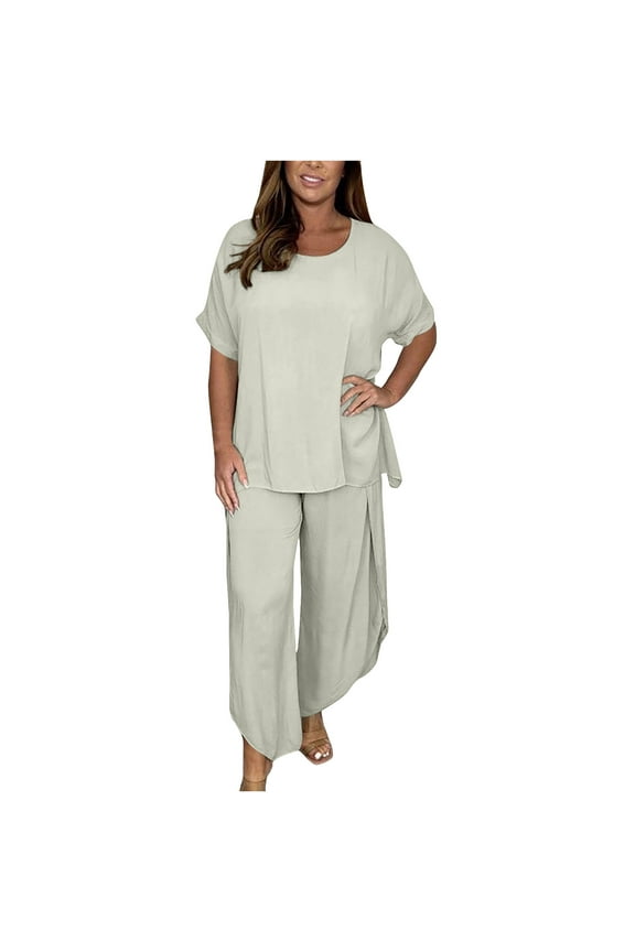 Womens Summer 2 Piece Lounge Sets Casual Long Sleeve Baggy Blouse and Wide-Leg Pants Loose Matching Outfits Tracksuit Beige L