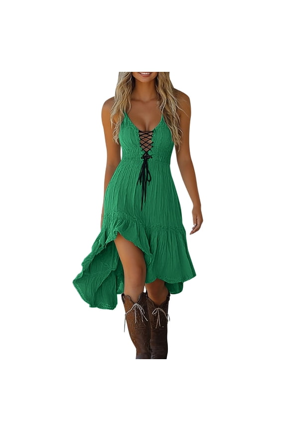 Womens Summer Boho V Neck Midi Dress Casual Tummy Control Dresses Lightweight Beach Tie Front Dress Mint Green S Fashion