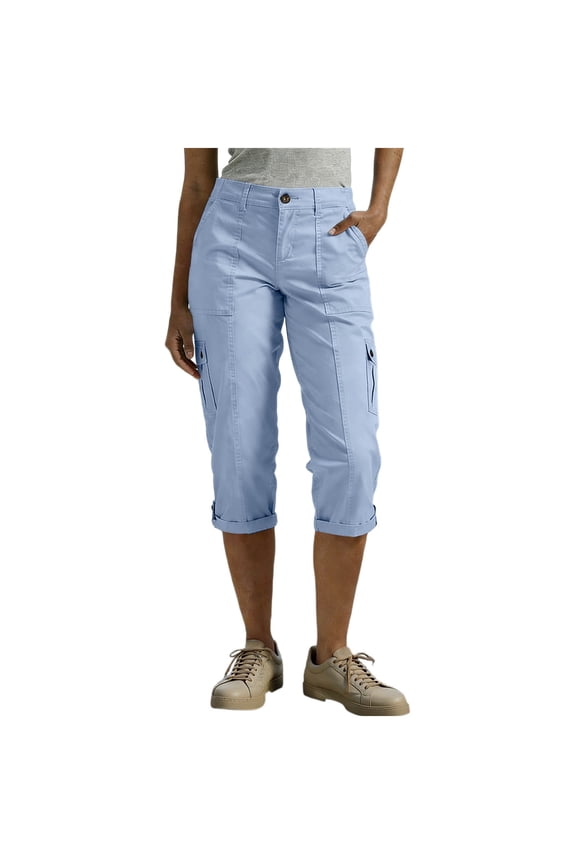 Womens Summer Cargo Capris Casual Button Up Athletic Cropped Pant Gym Rolled-Cuff Trouser with Pocket Light Blue M Fashion