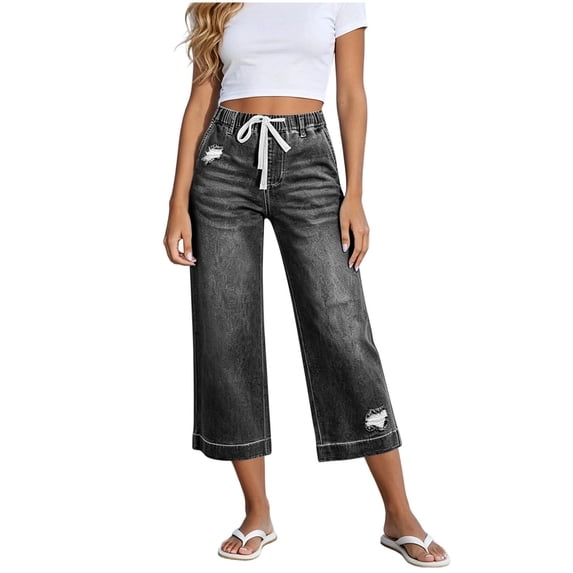 Atogsazn Womens Summer Denim Capris Casual Elastic Waisted Cropped Jeans Loose Fit Trouser Drawstring with Pocket Gray XXL Fashion