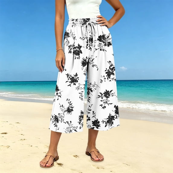 Atogsazn Womens Summer Floral Print Capris Casual Wide Leg Elastic Waist Cropped Pants Drawstring with Pocket Beach Beige M Fashion