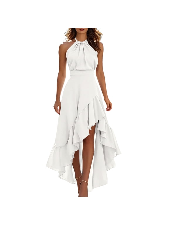 Womens Summer Halter Neck Maxi Dress Flowy Asymmetric High-Low Ruffle Formal Dresses Tummy Control Sundress White XL Fashion