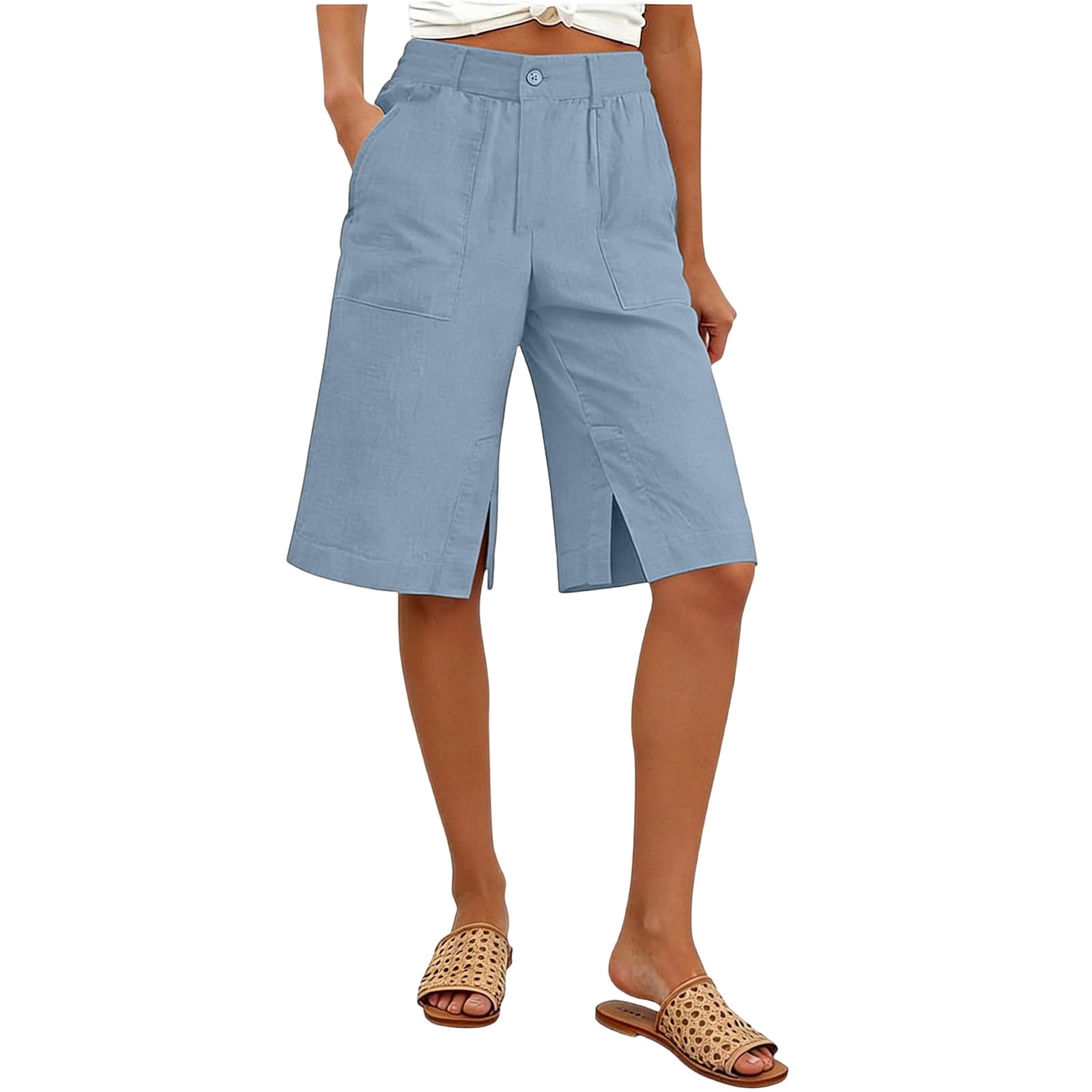 Atogsazn Womens Summer Linen Bermuda Shorts Casual Dressy Wide Leg ...