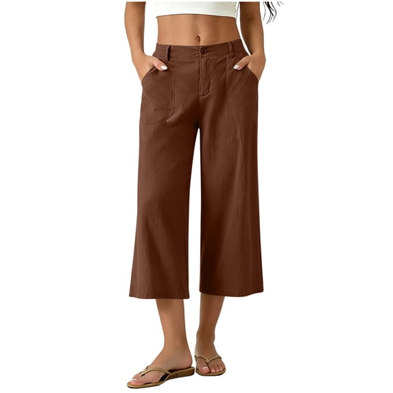 Atogsazn Womens Summer Linen Capris Casual Button Wide Leg High Waist Cropped Pants with Pocket Trouser Brown L Fashion