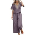 thumbnail image 1 of Atogsazn Womens Summer Linen Lace Outfits Casual V Neck Short Sleeve Shirt and Wide Leg Pants Two Piece Sets for Women Purple XXXXXL on Clearance, 1 of 5