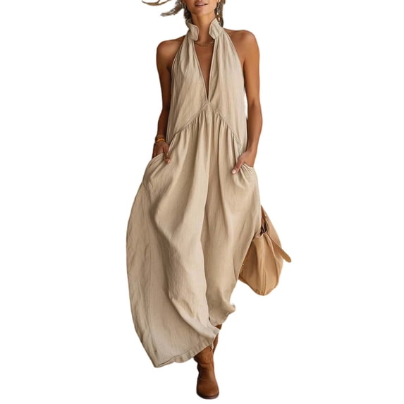 Atogsazn Womens Summer Linen Maxi Dress Casual Halter V Neck Backless Drawstring Dresses Loose Sundress Beige L Fashion