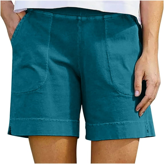 Atogsazn Womens Summer Linen Shorts Casual Athletic Running Elastic Waist Shorts Solid Color Shorts with Pocket Navy S