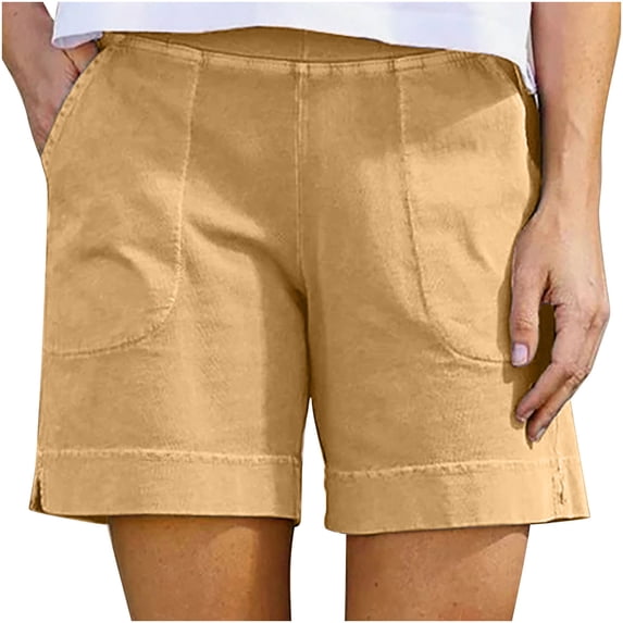 Atogsazn Womens Summer Linen Shorts Casual Athletic Running Elastic Waist Shorts Solid Color Shorts with Pocket Yellow M