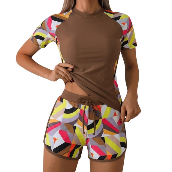 Atogsazn Womens Summer Rash Guard Swimsuit Casual Short Sleeve Tankini & Shorts Outfit Swimwear Tummy Control Bathing Suit Coffee M Fashion