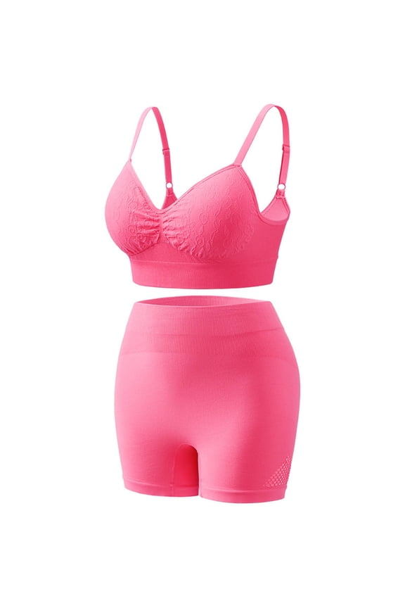 Womens Summer Sport Yoga Set Mesh Athletic V Neck Push Up Bra & High Waist Shorts Outfit Slim Fit Bike Suit Hot Pink Free Size Fashion