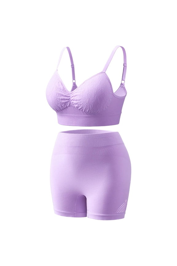 Womens Summer Sport Yoga Set Mesh Athletic V Neck Push Up Bra & High Waist Shorts Outfit Slim Fit Bike Suit Purple Free Size Fashion
