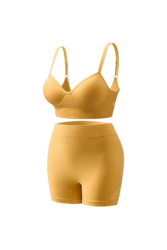 Womens Summer Sport Yoga Set Mesh Athletic V Neck Push Up Bra & High Waist Shorts Outfit Slim Fit Bike Suit Yellow Free Size Fashion