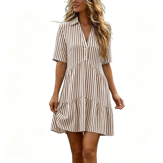 Atogsazn Womens Summer Striped Mini Dress Casual V Neck Button Short Sleeve Flowy Dresses A-Line Sundress Khaki XXXL Fashion