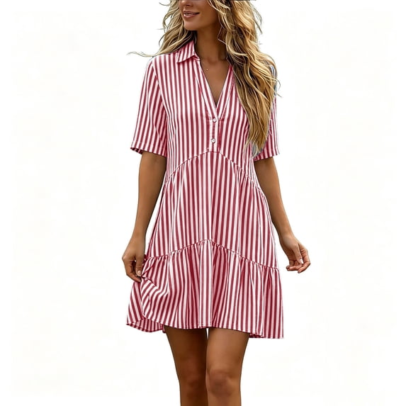 Atogsazn Womens Summer Striped Mini Dress Casual V Neck Button Short Sleeve Flowy Dresses A-Line Sundress Red M Fashion