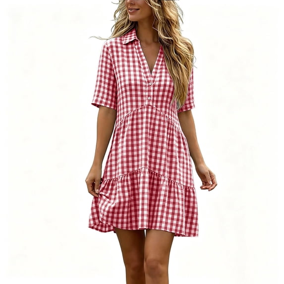 Atogsazn Womens Summer Striped Mini Dress Casual V Neck Button Short Sleeve Flowy Dresses A-Line Sundress Red XXL Fashion