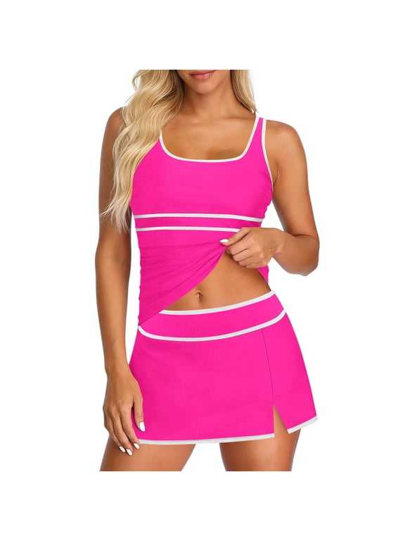 Womens Summer Swimsuit Tummy Control Tankini Set for Women Beach Two Piece Bathing Suit with Skirt 01-Hot Pink Fashion